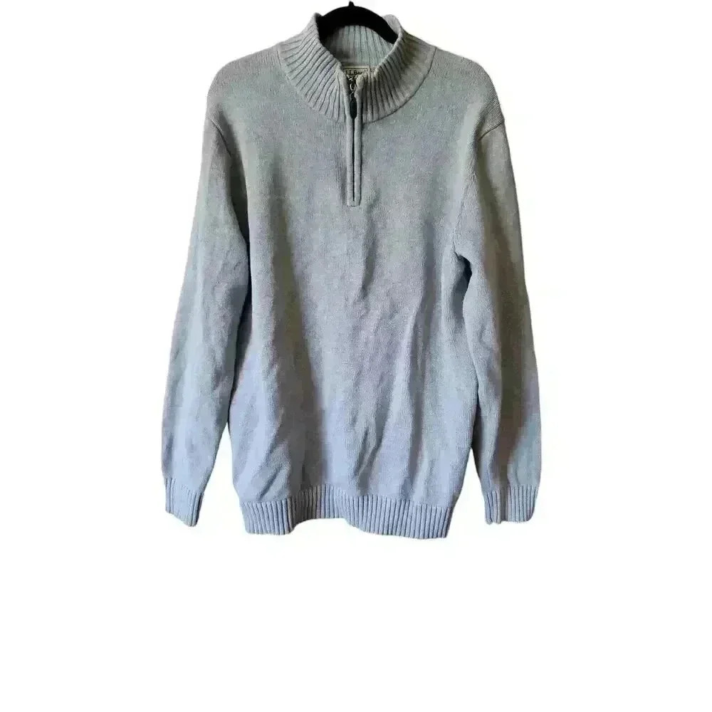 LL Bean Heavy Cotton Quarter 1/4 Zip Pullover Mens Size Large Tall L-Tall Gray